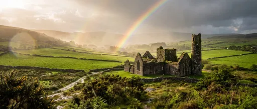 Ancient Irish Stone Ruins With Rainbow
