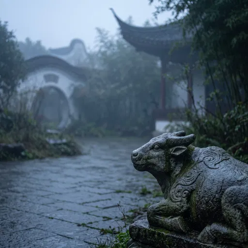 Stone Ox Statue in Misty Courtyard