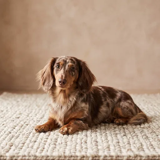 Chocolate Dapple Dachshund on Wool Rug