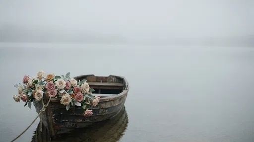 Wooden Rowboat With Roses on Misty Lake