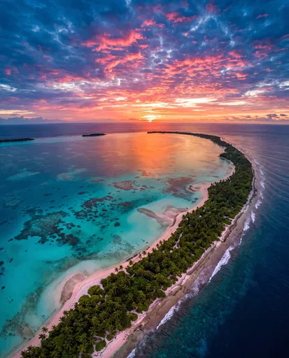 Aerial View of Tropical Atoll at Sunset