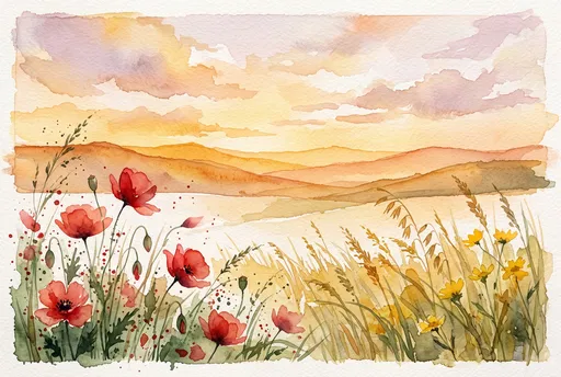 Watercolor Sunset Meadow With Red Poppies