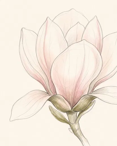 Delicate Blush Pink Magnolia Botanical Sketch