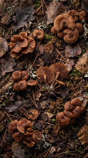 Overhead Woodland Mushrooms on Forest Floor