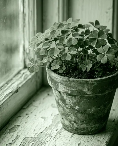 Potted Four-Leaf Clovers on Rustic Windowsill