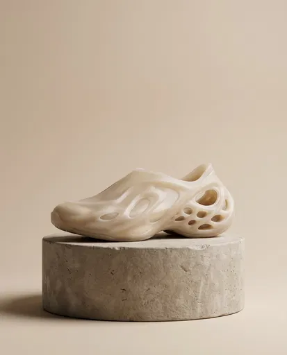 Futuristic Beige Sculpted Concept Shoe on Plinth