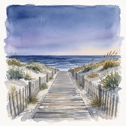 Watercolor Beach Boardwalk at Blue Hour
