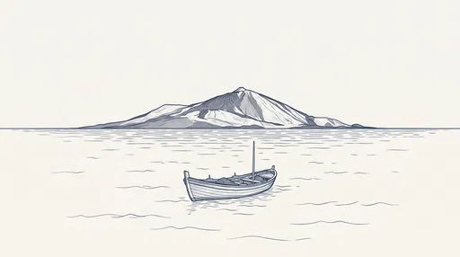 Monochrome Line Illustration of Boat and Volcano