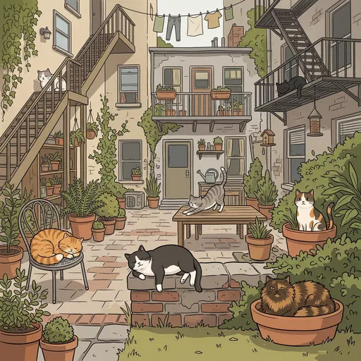 Seven Cartoon Cats in Courtyard