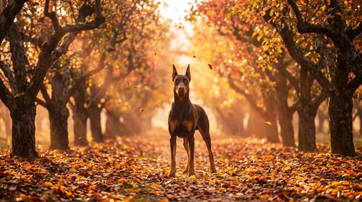 Red Doberman Standing in Autumn Orchard