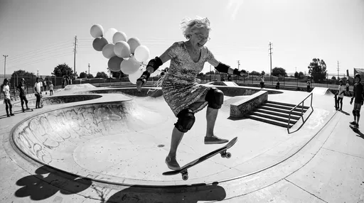 Grandmother Skateboarding With Balloons In Skatepark