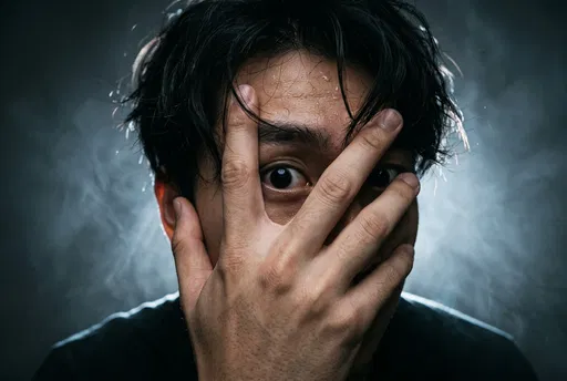 Terrified Man Peeking Through Fingers