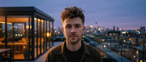 Young Man on Urban Rooftop at Dusk