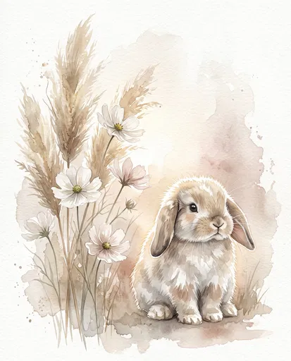 Watercolor Lop-Eared Bunny and Pampas Grass