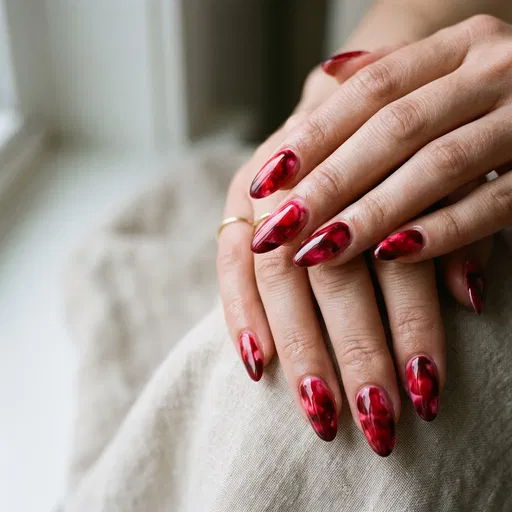 Close-Up Of Hands With Red Marble Nails