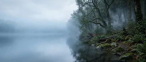 Misty Rainforest Riverbank With Copy Space