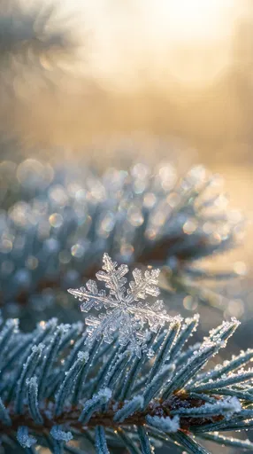 Macro Snowflake on Frosted Spruce Branch