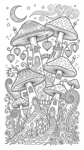 Whimsical Mushroom Village Adult Coloring Page