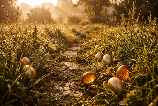 Golden Easter Eggs on Garden Path