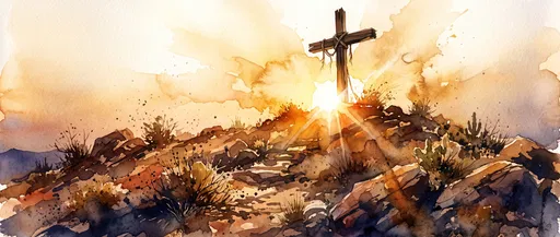Watercolor Wooden Cross on Sunset Hill