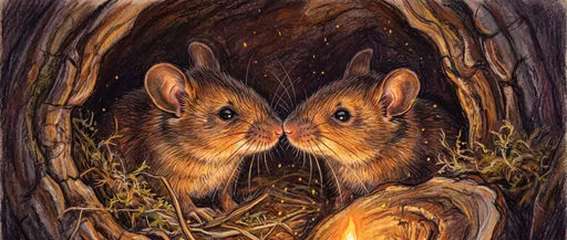 Two Mice Touching Noses in Hollow Log