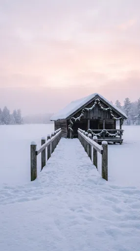 Snowy Pier Leading to Rustic Winter Boathouse