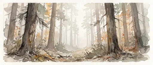 Watercolor Misty Autumn Pine Forest Panorama