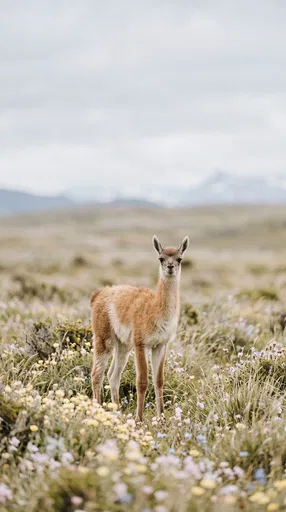 Young Guanaco in Wildflower Meadow