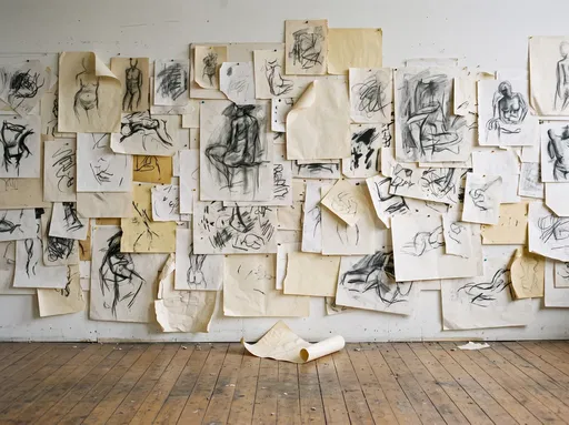 Studio Wall Covered in Charcoal Sketches
