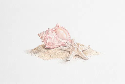 Colored Pencil Conch Shell and Starfish Drawing