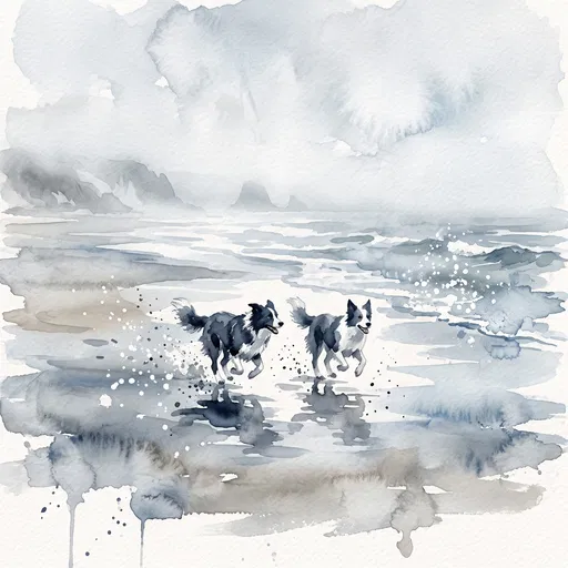 Watercolor Border Collies on Misty Beach