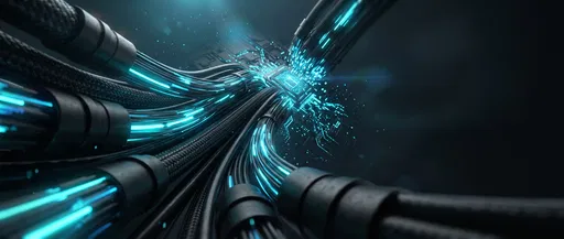 Glowing Cyan Fiber Optic Cables and Microchip