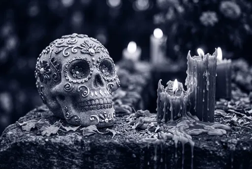Monochrome Sugar Skull and Melting Candles