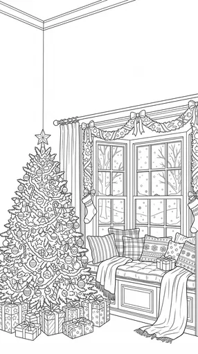 Christmas Tree and Window Seat Coloring Page