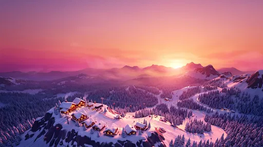 Stylized Sunset Mountaintop Ski Resort