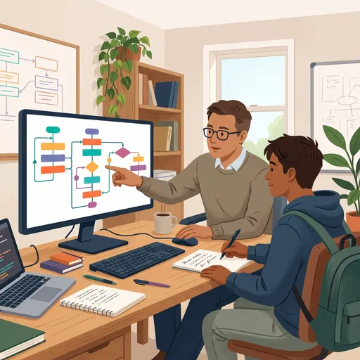 Tutor Explaining Flowchart to Student at Desk