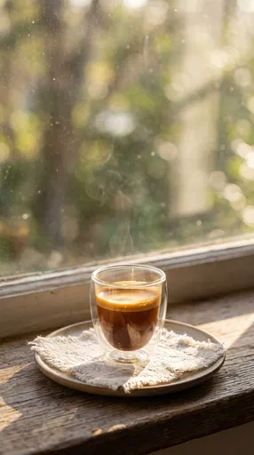 Steaming Espresso Glass on Sunny Windowsill