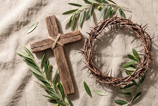 Wooden Cross and Crown of Thorns