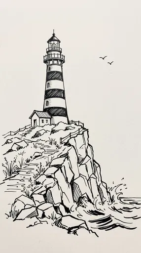 Black Ink Drawing of Coastal Lighthouse