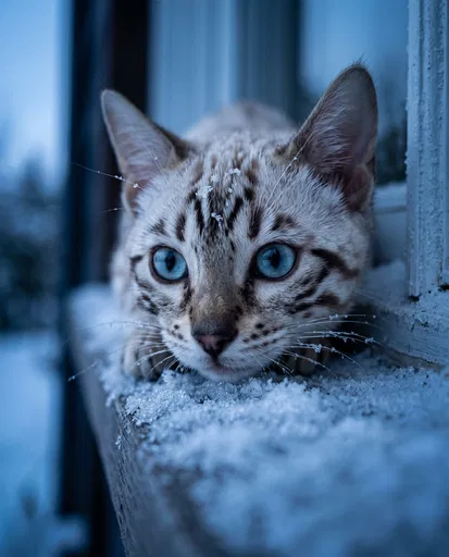 Snow Bengal Kitten on Snowy Windowsill