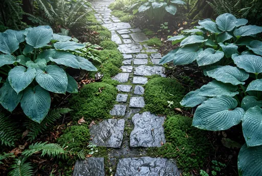 Wet Stone Pathway Through Lush Shade Garden