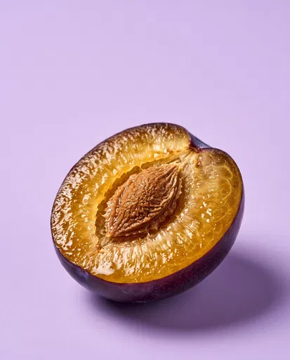Halved Fresh Plum on Lavender Background