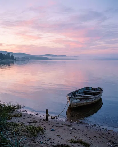 Wooden Rowboat on Calm Dawn Bay