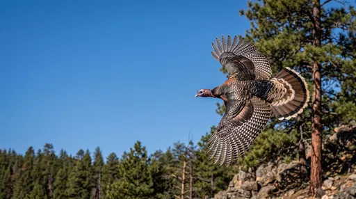 Wild Turkey Flying Over Pine Forest
