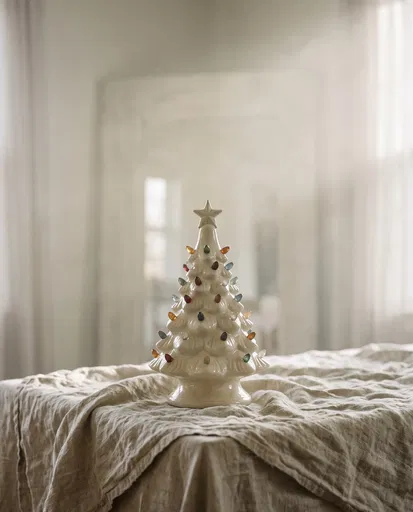 Vintage Ivory Ceramic Christmas Tree on Linen