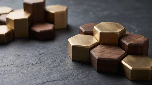 Brushed Brass and Walnut Hexagonal Blocks