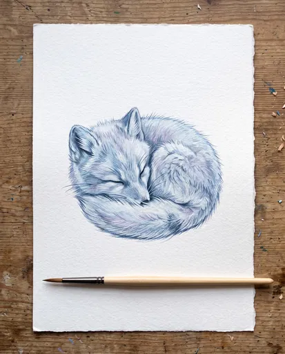 Arctic Fox Drawing on Watercolor Paper