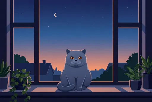 Blue-Grey Cat on Twilight Windowsill Illustration