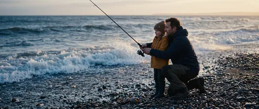 Father and Daughter Fishing on Pebble Beach