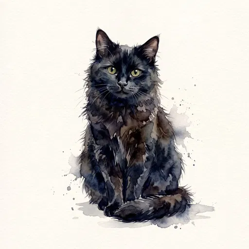 Watercolor Illustration of Fluffy Black Cat